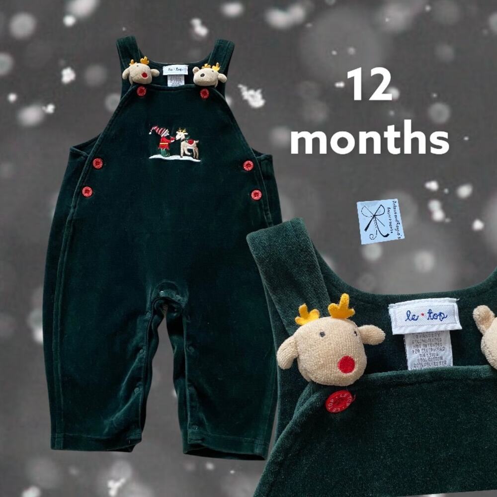 Le Top Velvet Reindeer and Elf Overalls Baby Sz 12 months